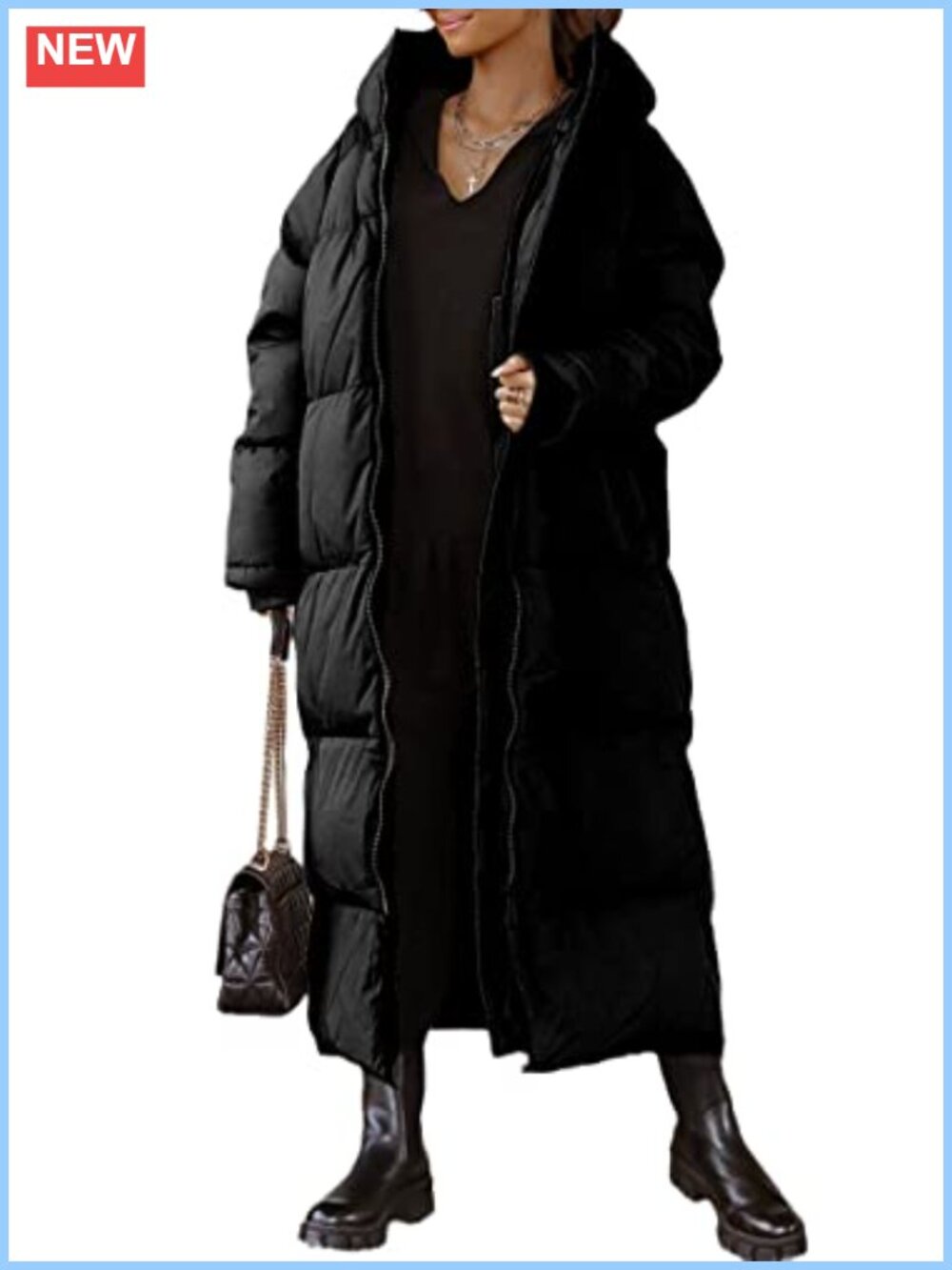 Quilted Hooded Maxi Puffer Coat Long Sleeve Zip Winter Outerwear